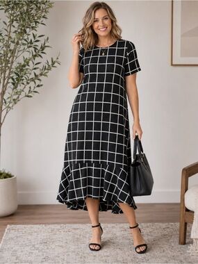 Agnes & Dora Fitzgerald Windowpane Hi-Lo Midi Dress Size Medium NWT